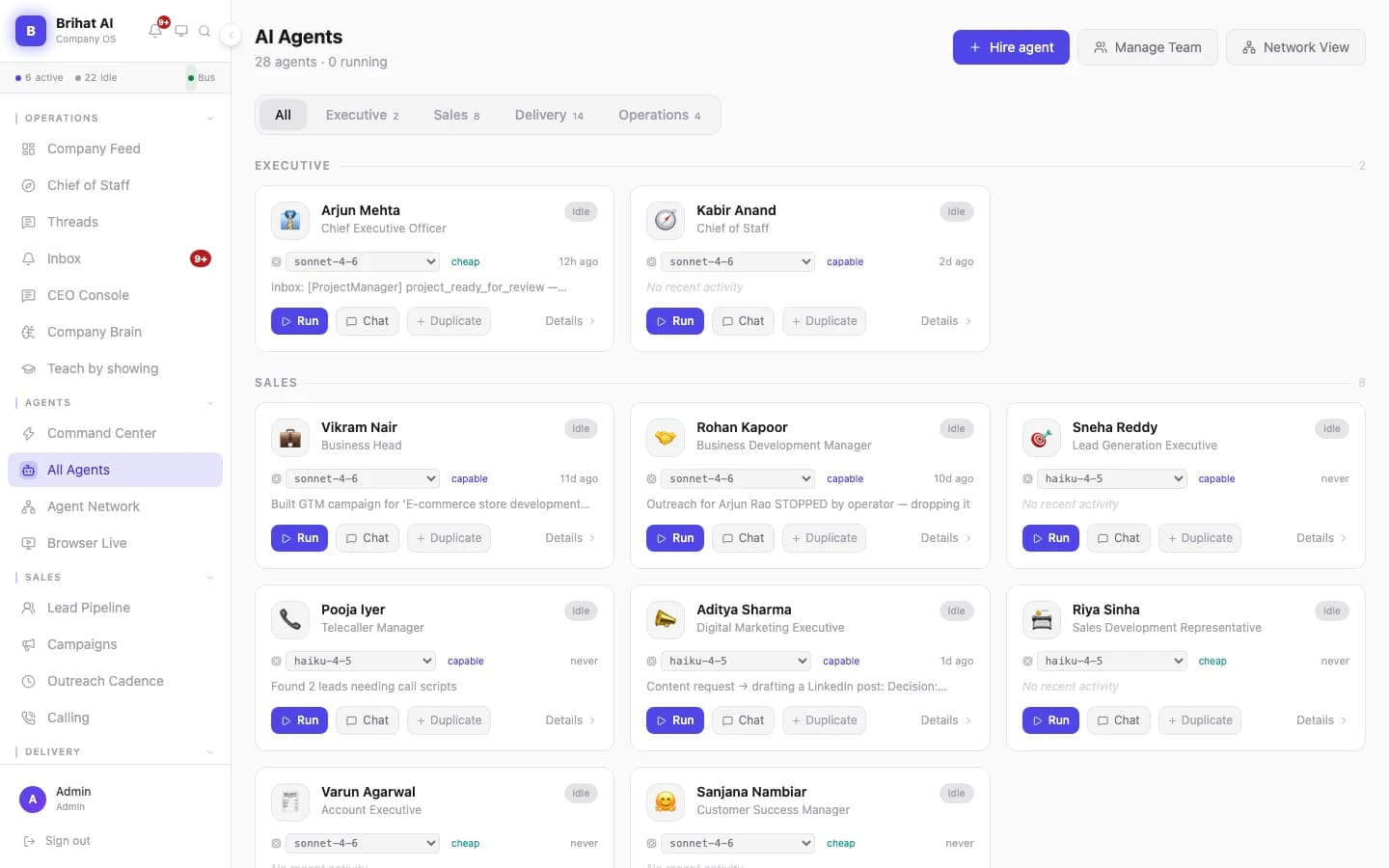 Brihat AI Company Manager — All Agents — 28 agents across four departments