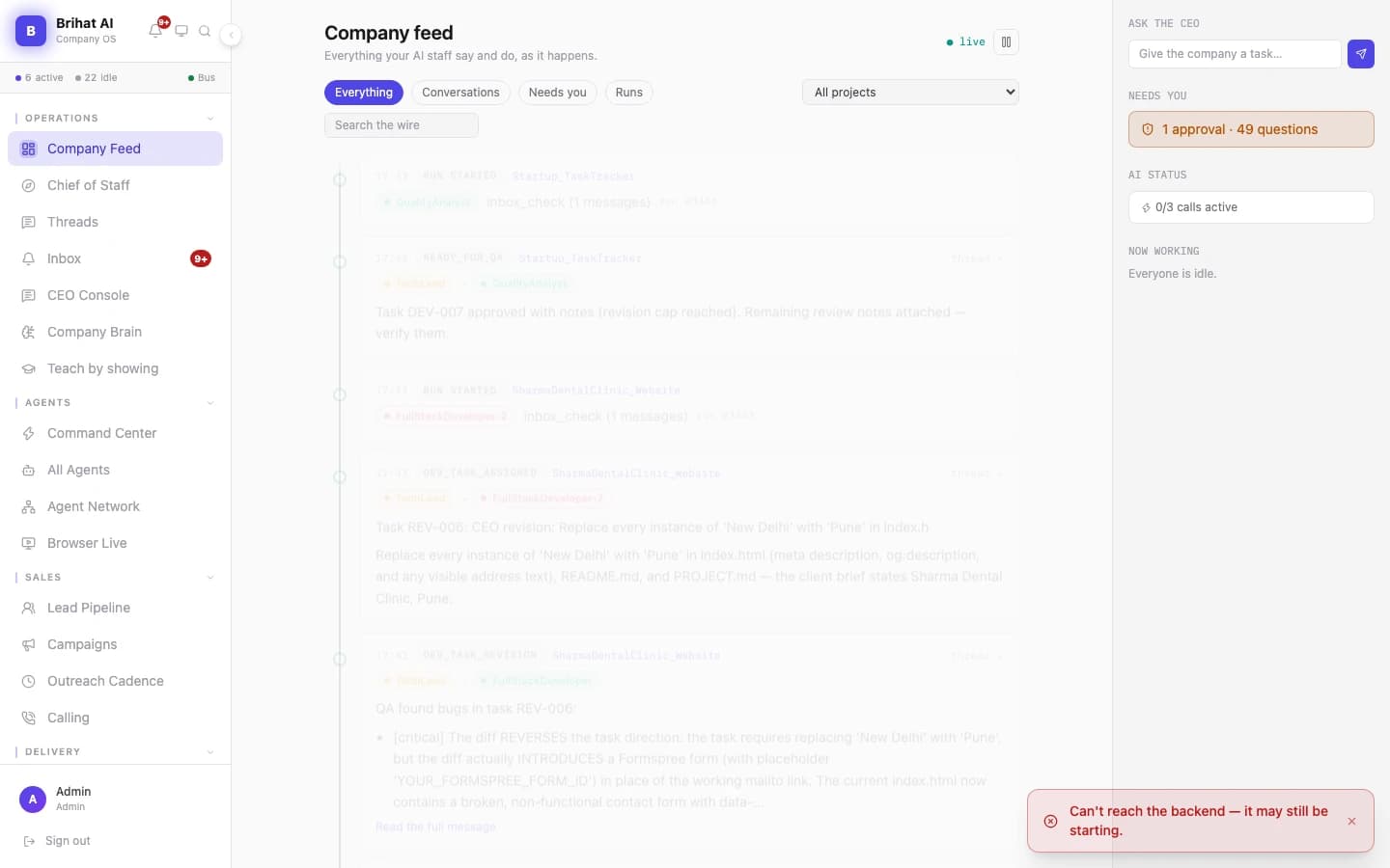 Brihat AI Company Manager — Company Feed — live activity, plus the Needs You approval queue