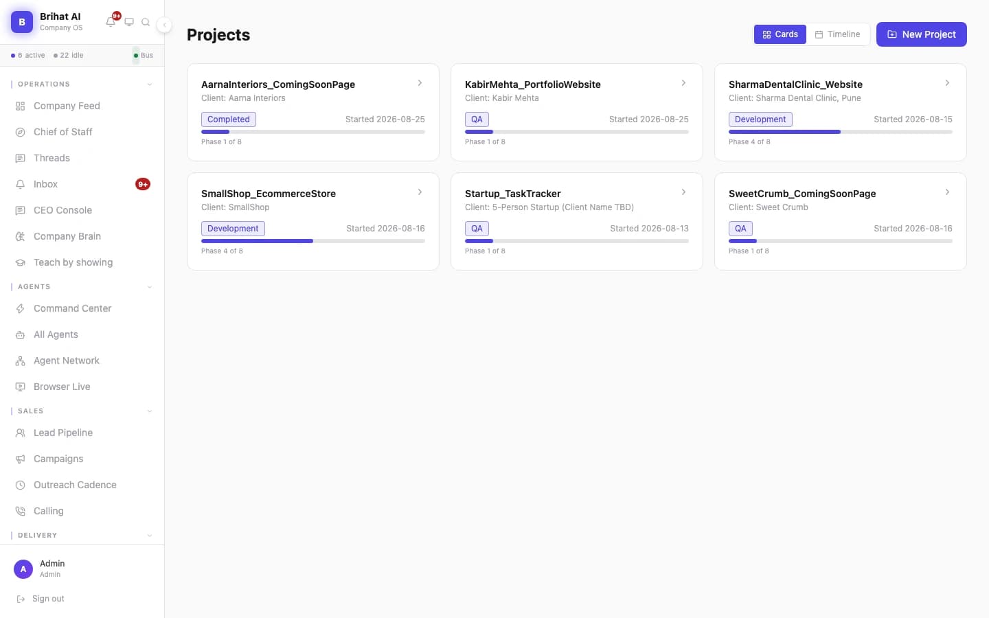 Brihat AI Company Manager — Projects — real client work moving through an 8-phase pipeline