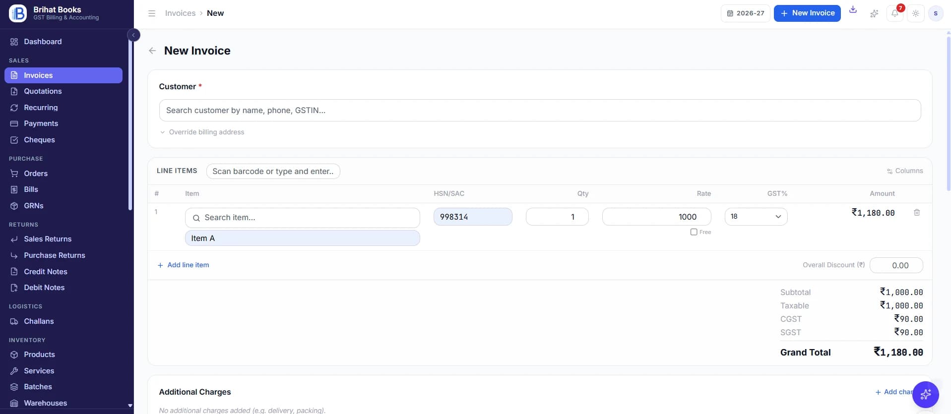 The new-invoice form, with a line item whose CGST and SGST are split out automatically into the totals