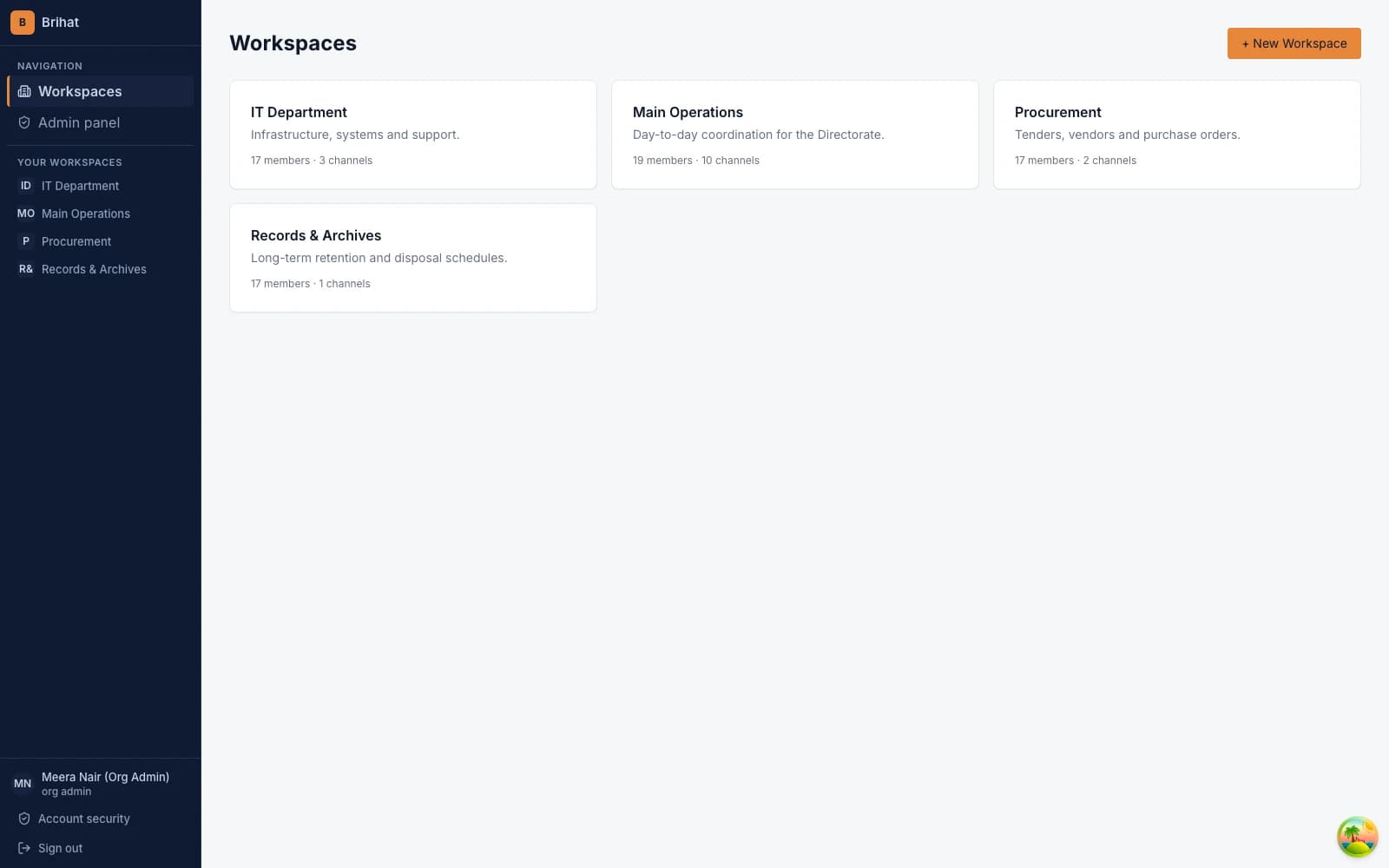 Brihat Communication System — Workspace picker, shown with realistic seeded government-office content
