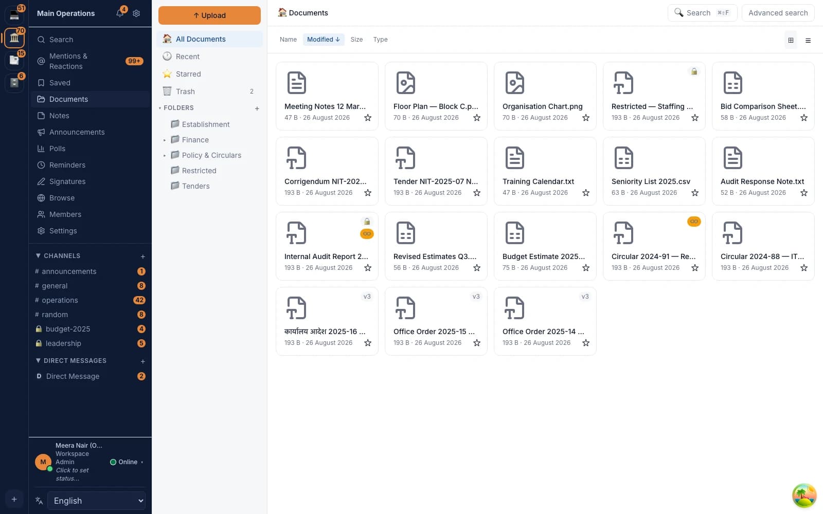 Brihat Communication System — Document library with permissions, shown with realistic seeded government-office content