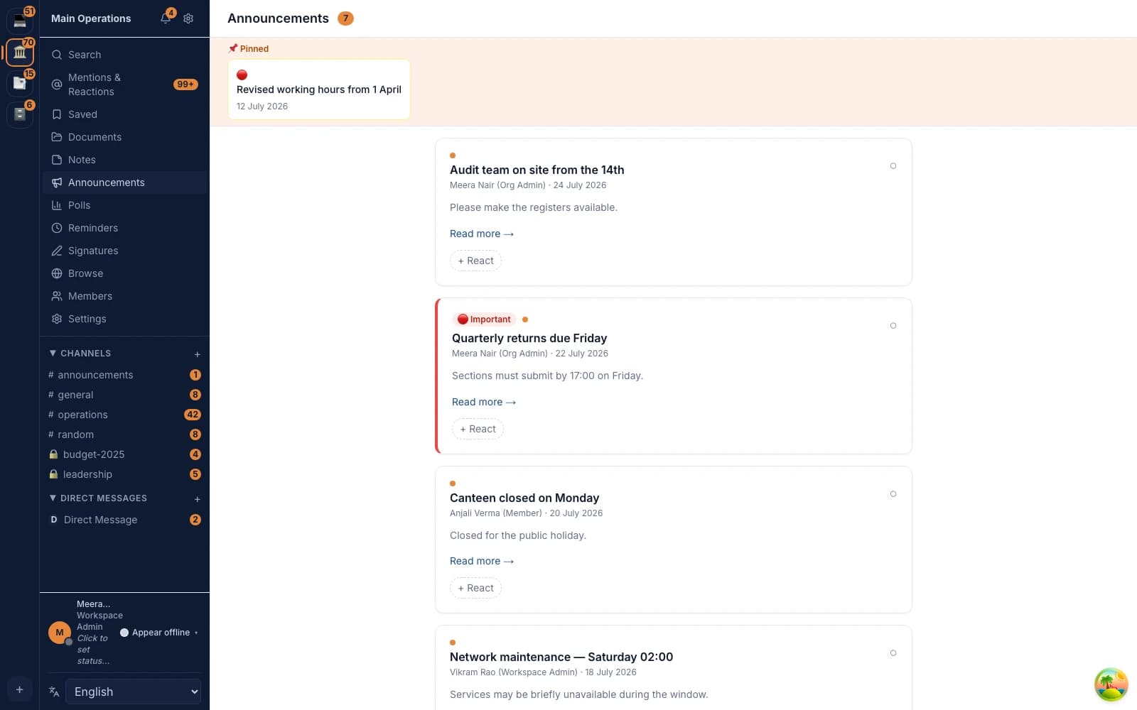 Brihat Communication System — Announcements feed, shown with realistic seeded government-office content