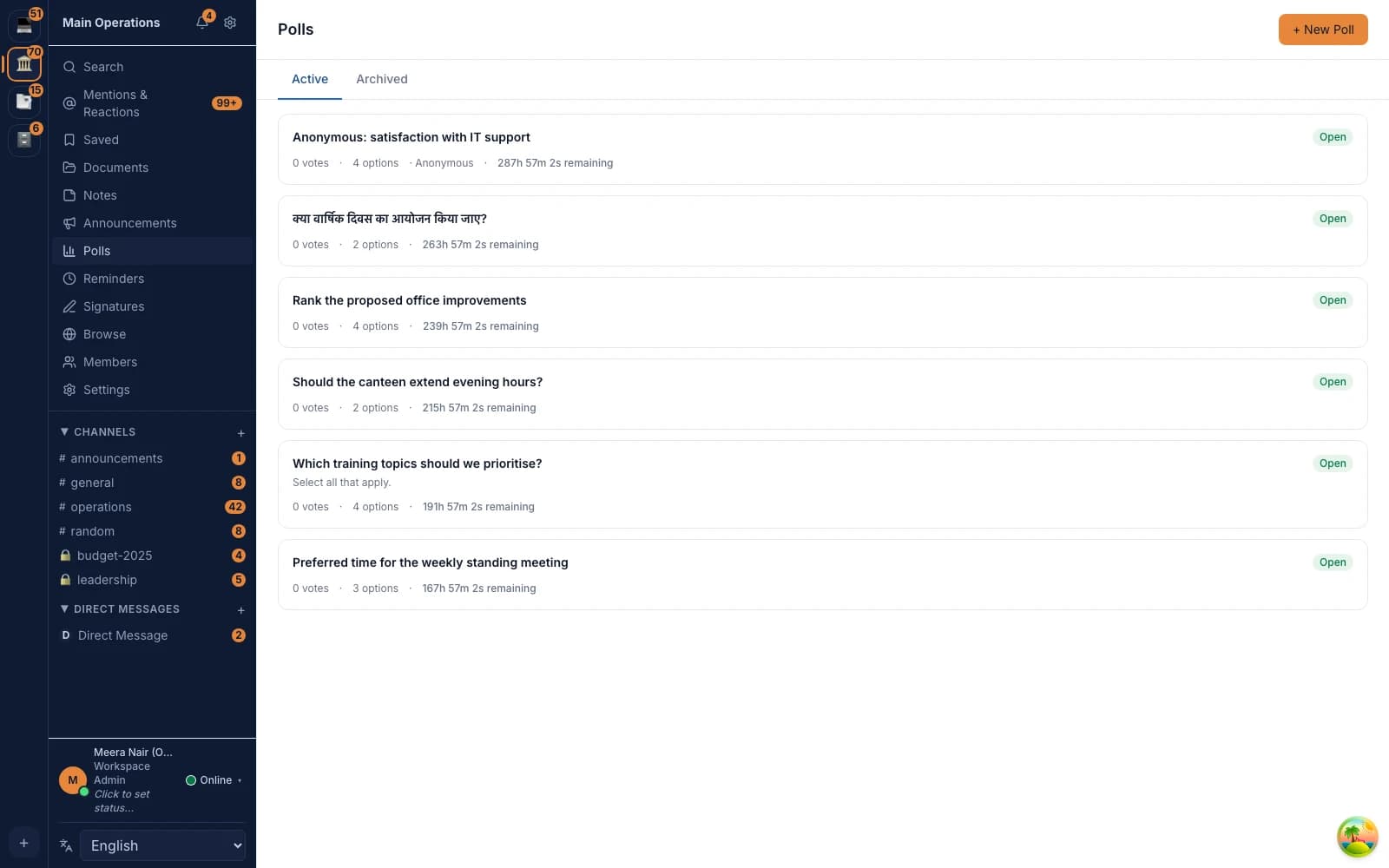 Brihat Communication System — Polls, including ranked-choice, shown with realistic seeded government-office content