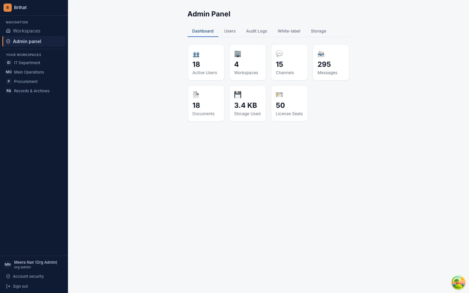 Brihat Communication System — Admin panel with live counts, shown with realistic seeded government-office content