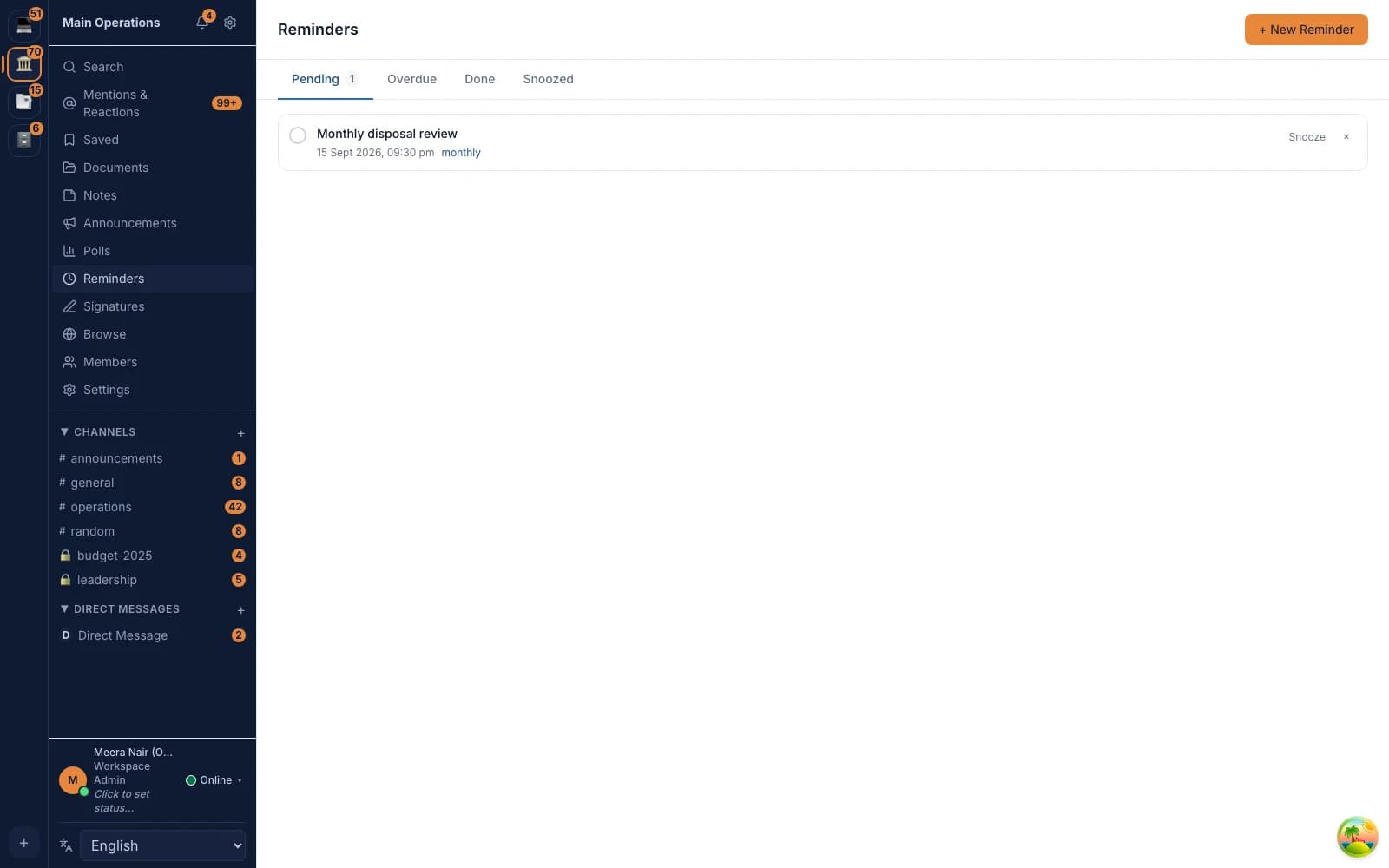 Brihat Communication System — Reminders, shown with realistic seeded government-office content