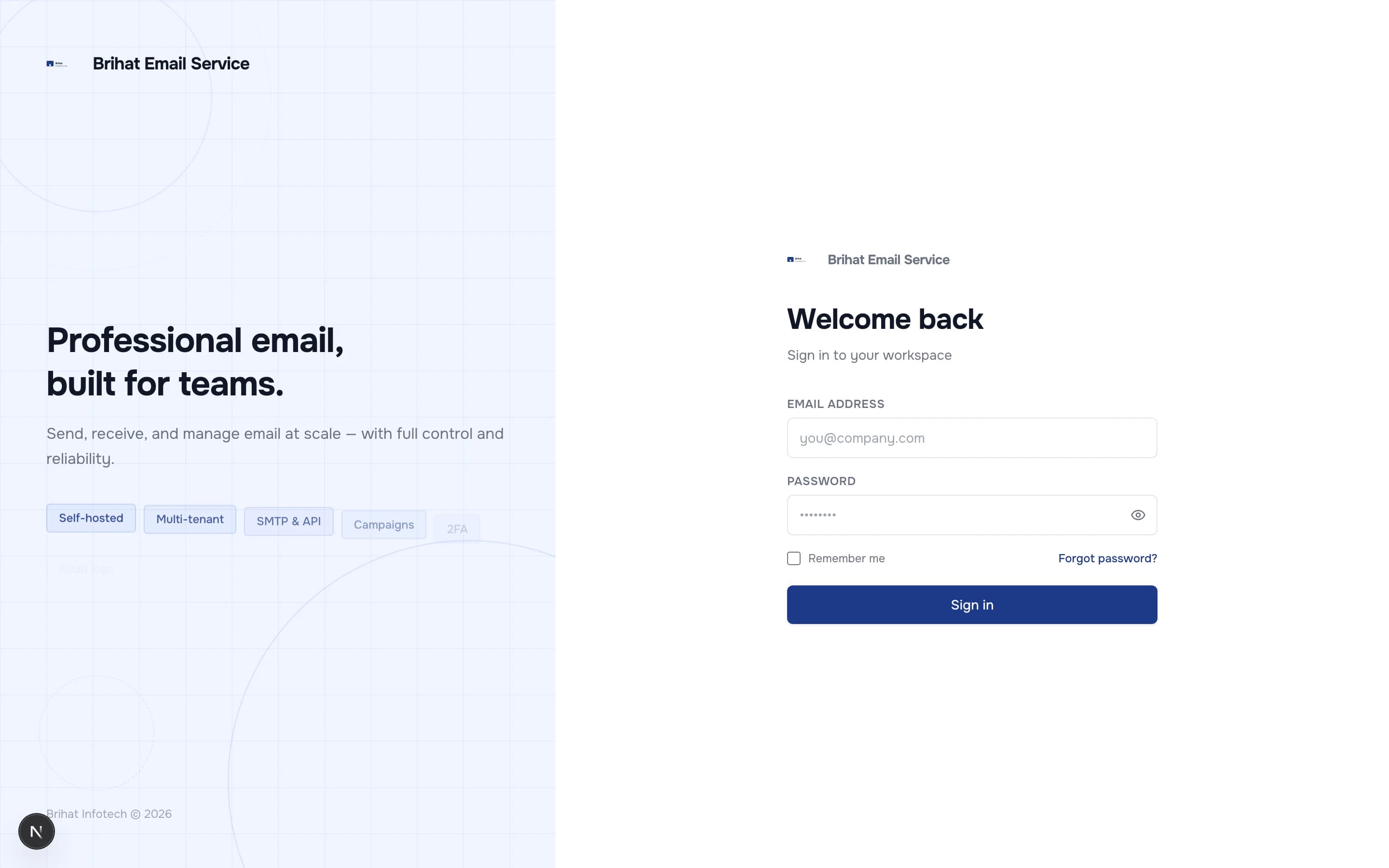 BrihatEmail — Sign-in, shown with fictional demo data