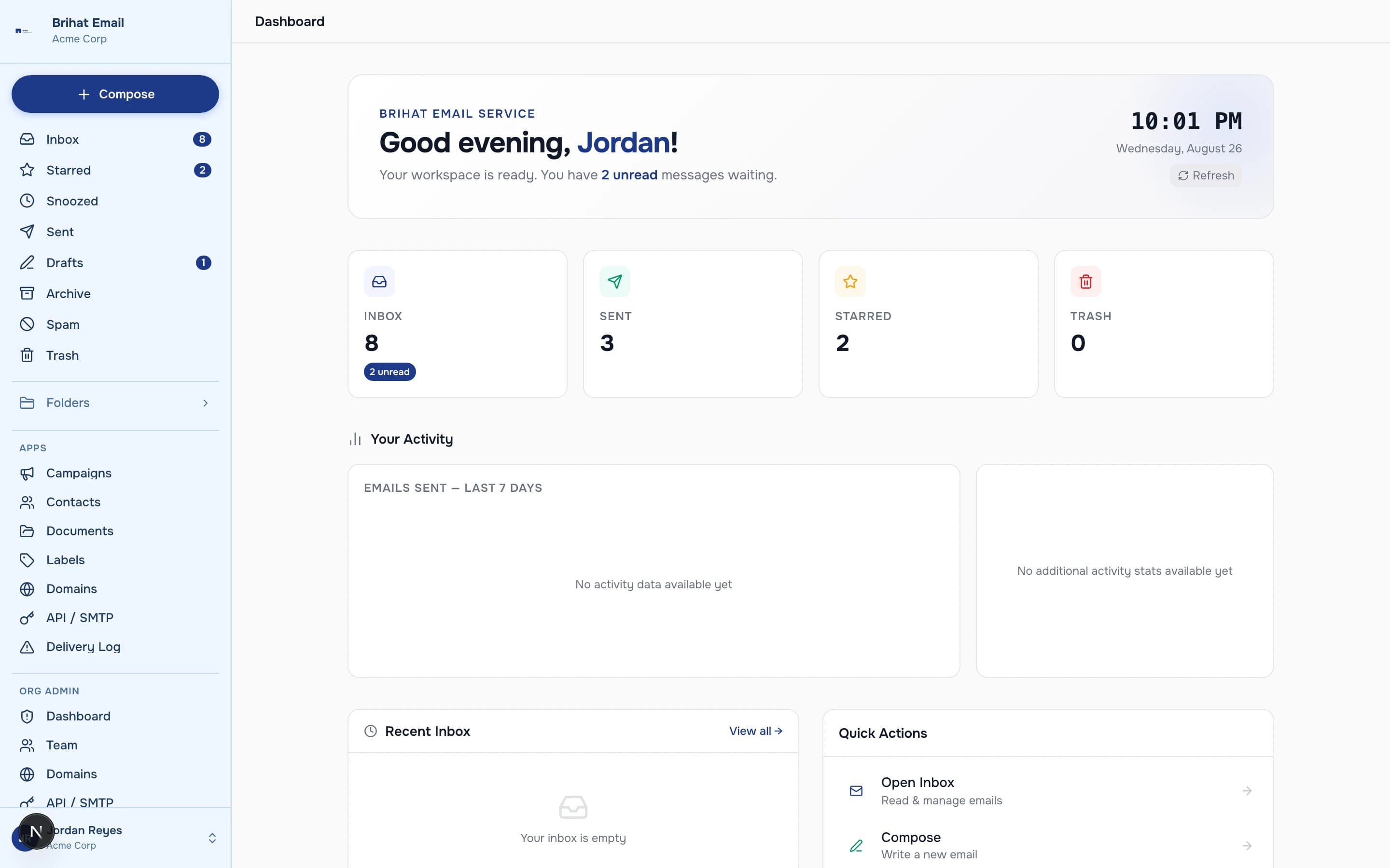 BrihatEmail — Dashboard — unread counts and activity, shown with fictional demo data