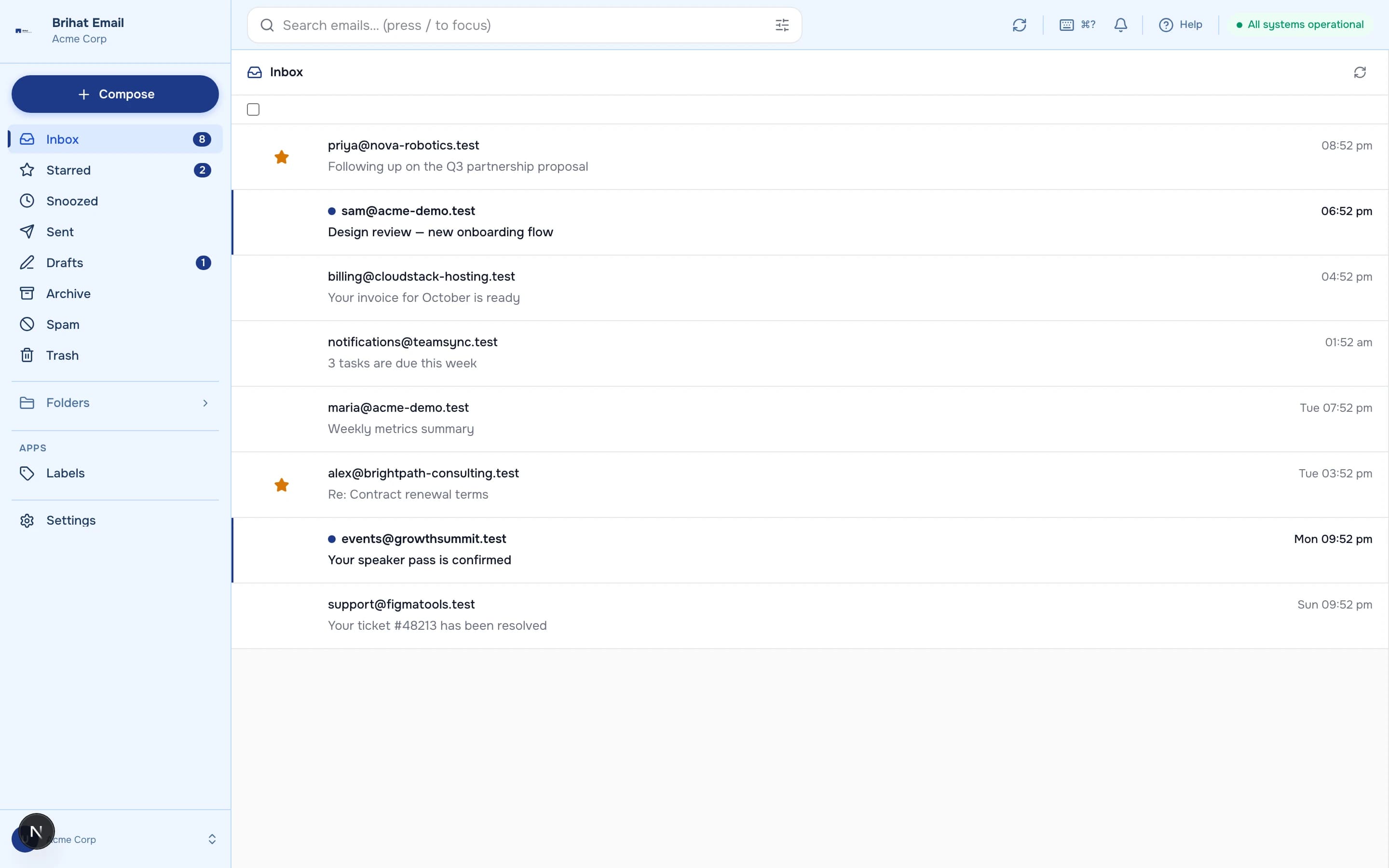 BrihatEmail — 03-inbox, shown with fictional demo data