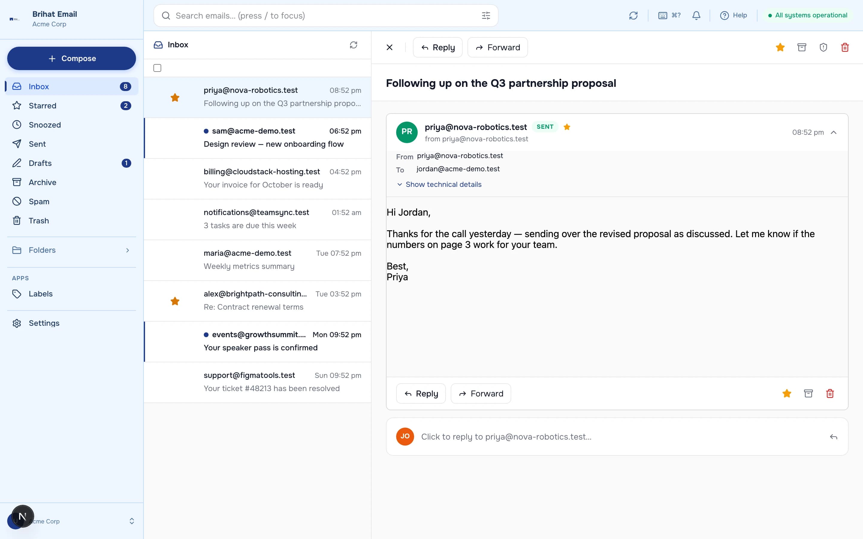 BrihatEmail — Inbox with the reading pane open, shown with fictional demo data