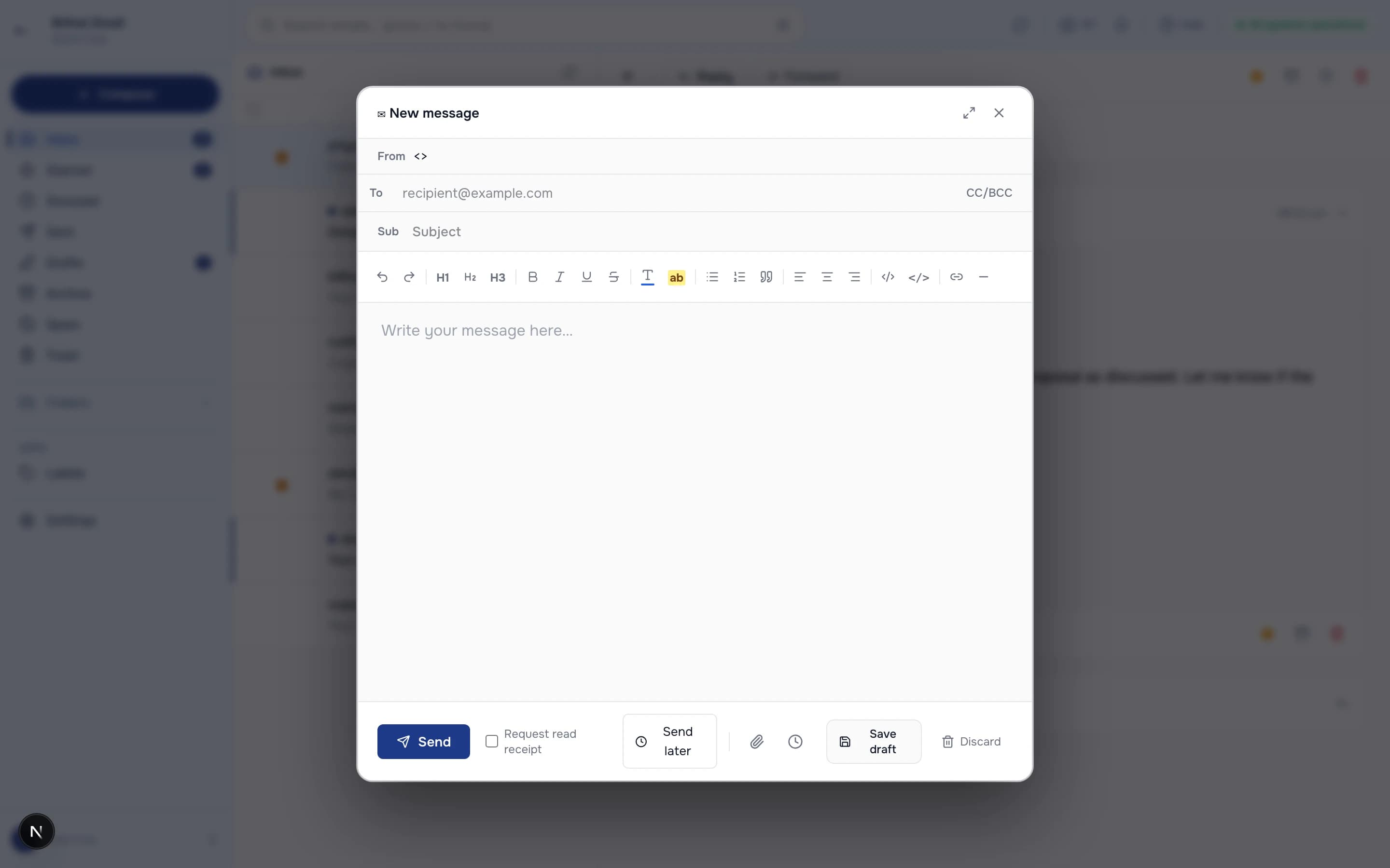 BrihatEmail — 05-composer, shown with fictional demo data