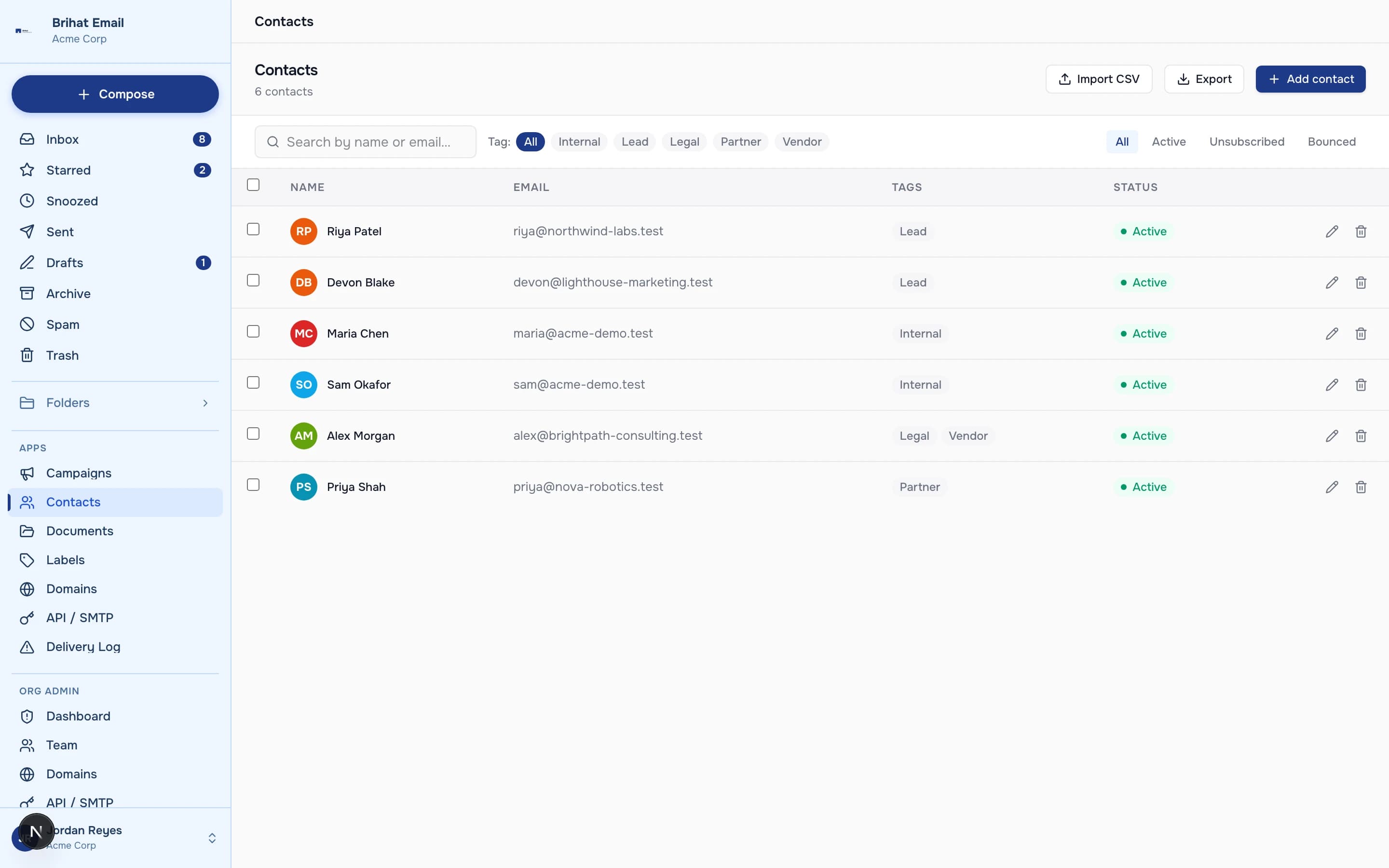 BrihatEmail — Contacts, with tags and CSV import/export, shown with fictional demo data