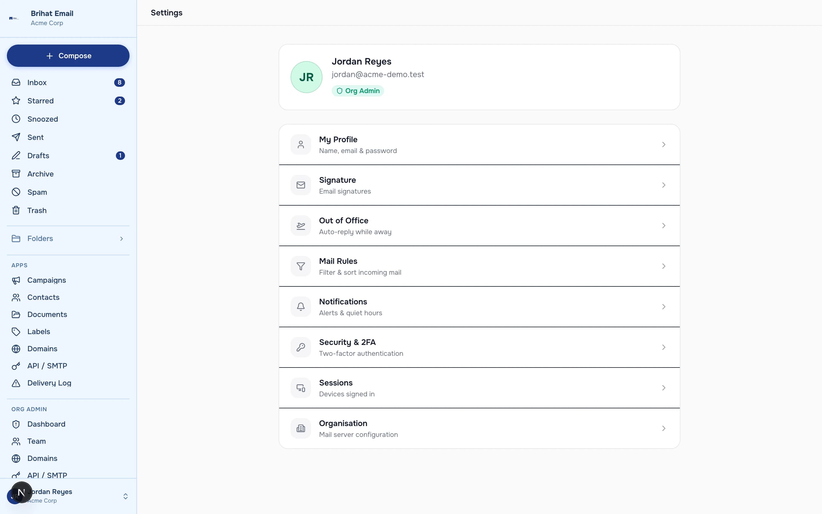 BrihatEmail — Settings — profile, mail rules, security, organisation, shown with fictional demo data