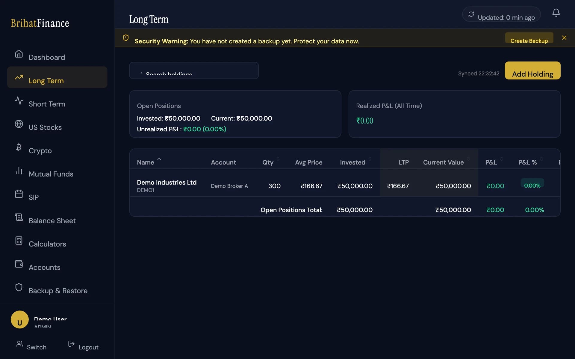 BrihatFinance — Long Term holdings, including a split-adjusted position, shown with fictional demo holdings