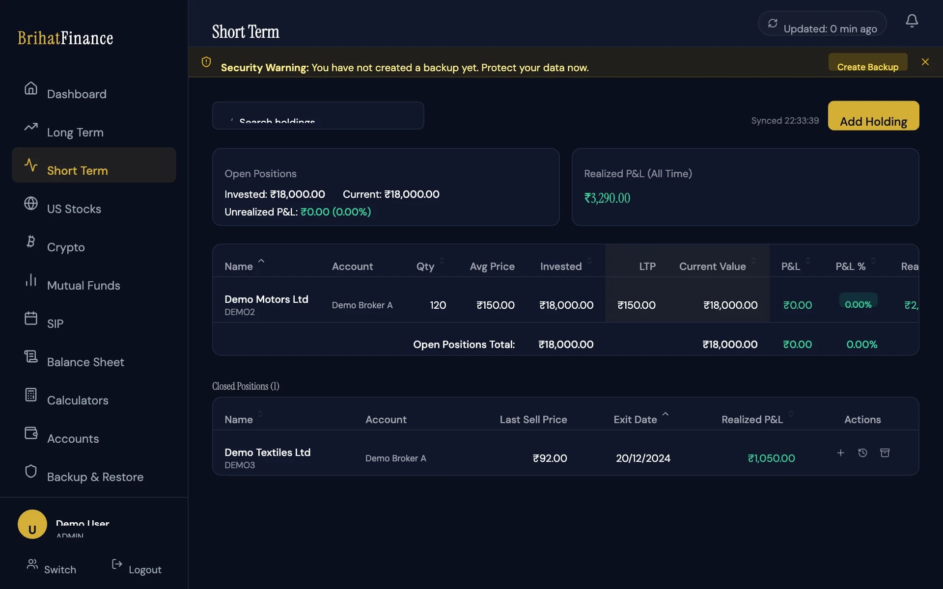 BrihatFinance — Short Term holdings and closed positions, shown with fictional demo holdings