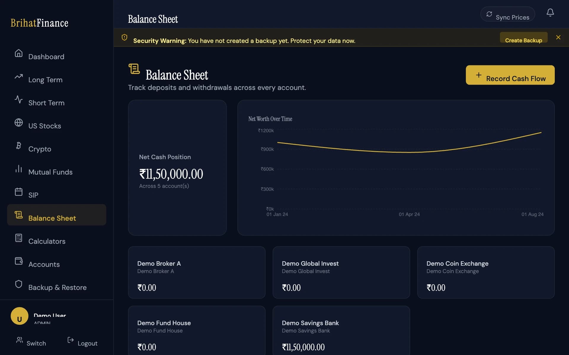 BrihatFinance — Balance Sheet, with net worth over time, shown with fictional demo holdings