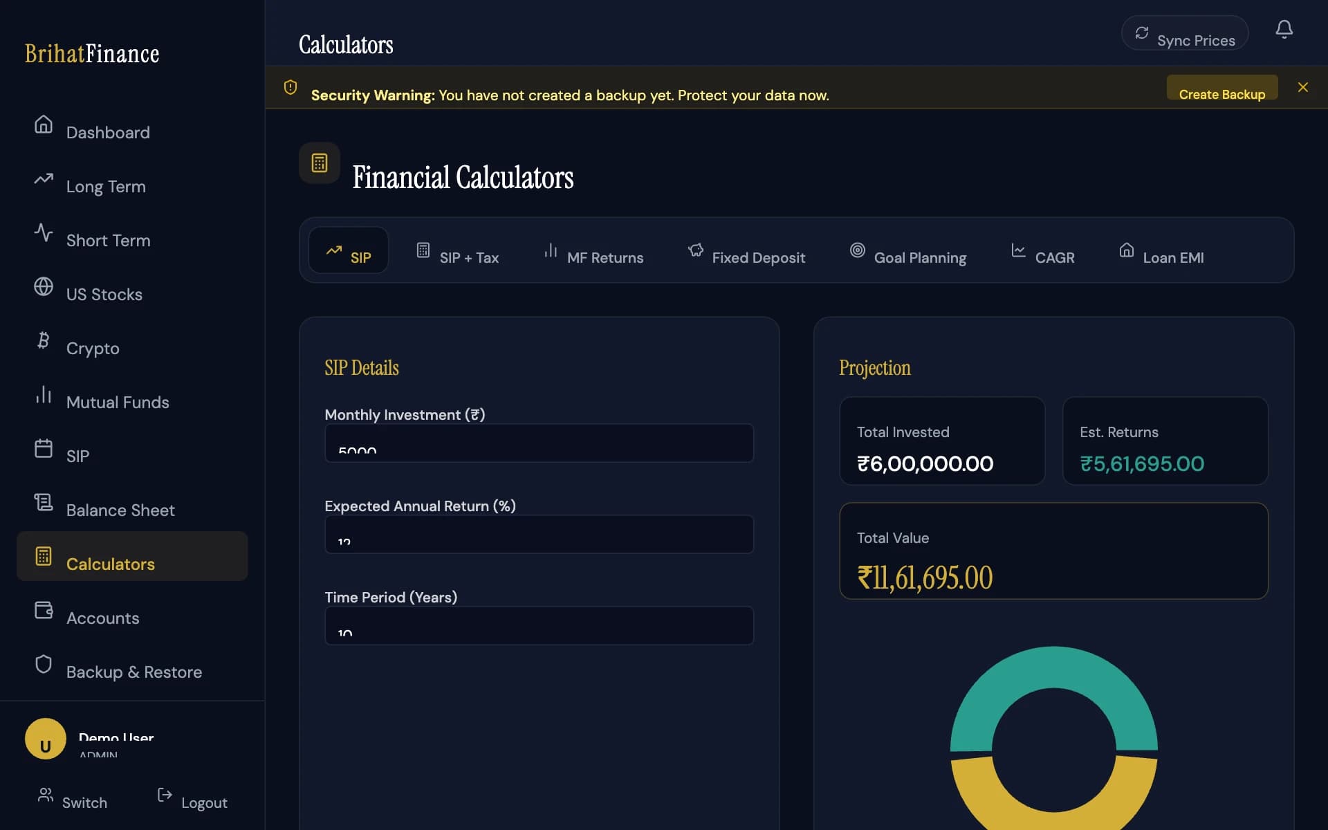 BrihatFinance — Calculators — SIP projection shown, shown with fictional demo holdings