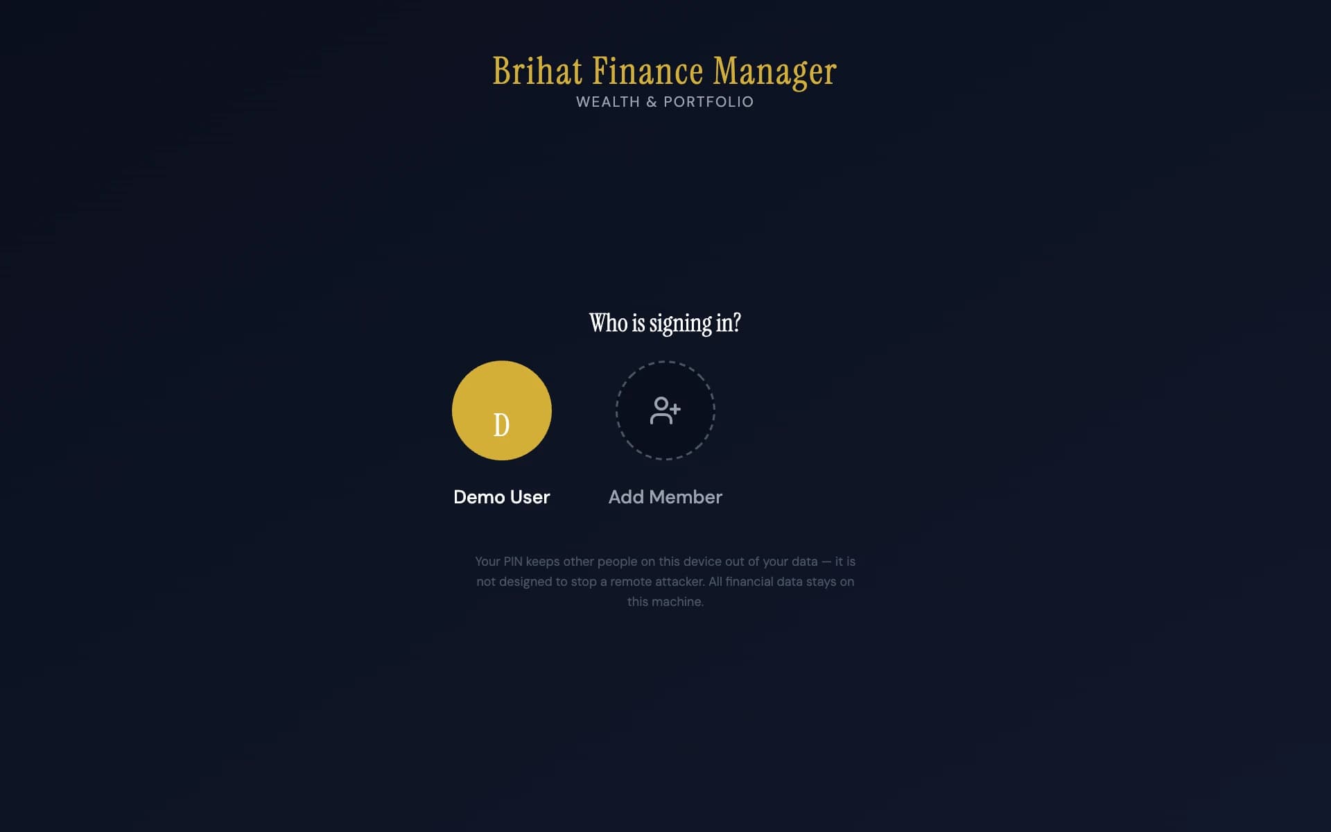 BrihatFinance — The member-switcher screen, shown with fictional demo holdings