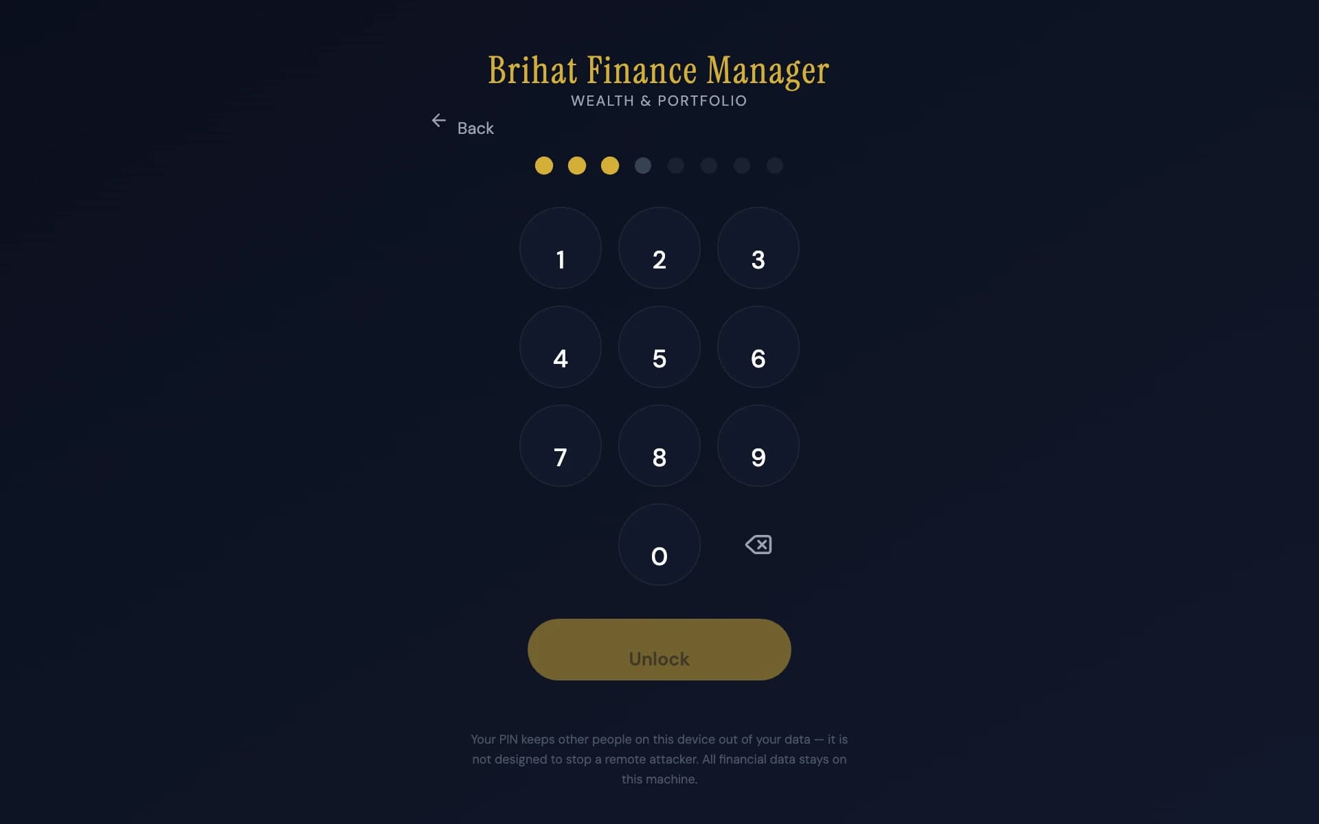 BrihatFinance — PIN entry, shown with fictional demo holdings