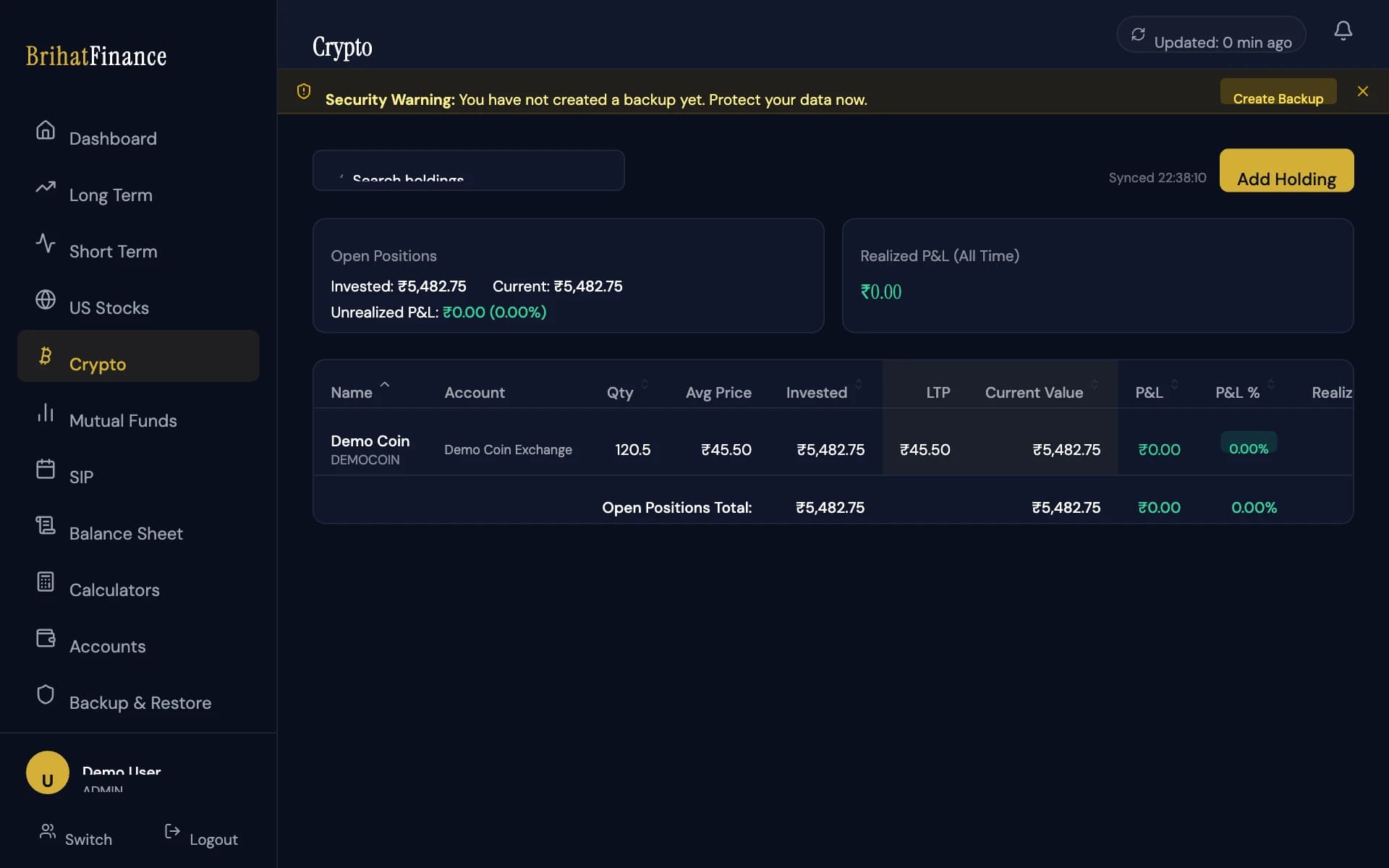 BrihatFinance — Crypto holdings, with sub-paise precision, shown with fictional demo holdings