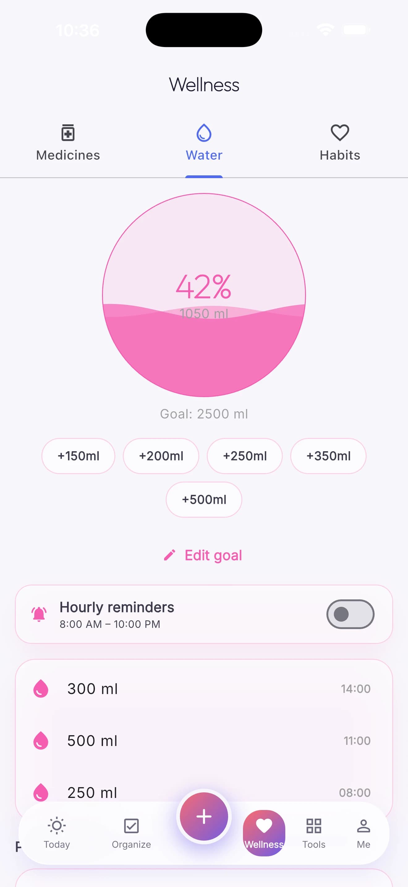 The water tracker, with an animated wave-fill ring