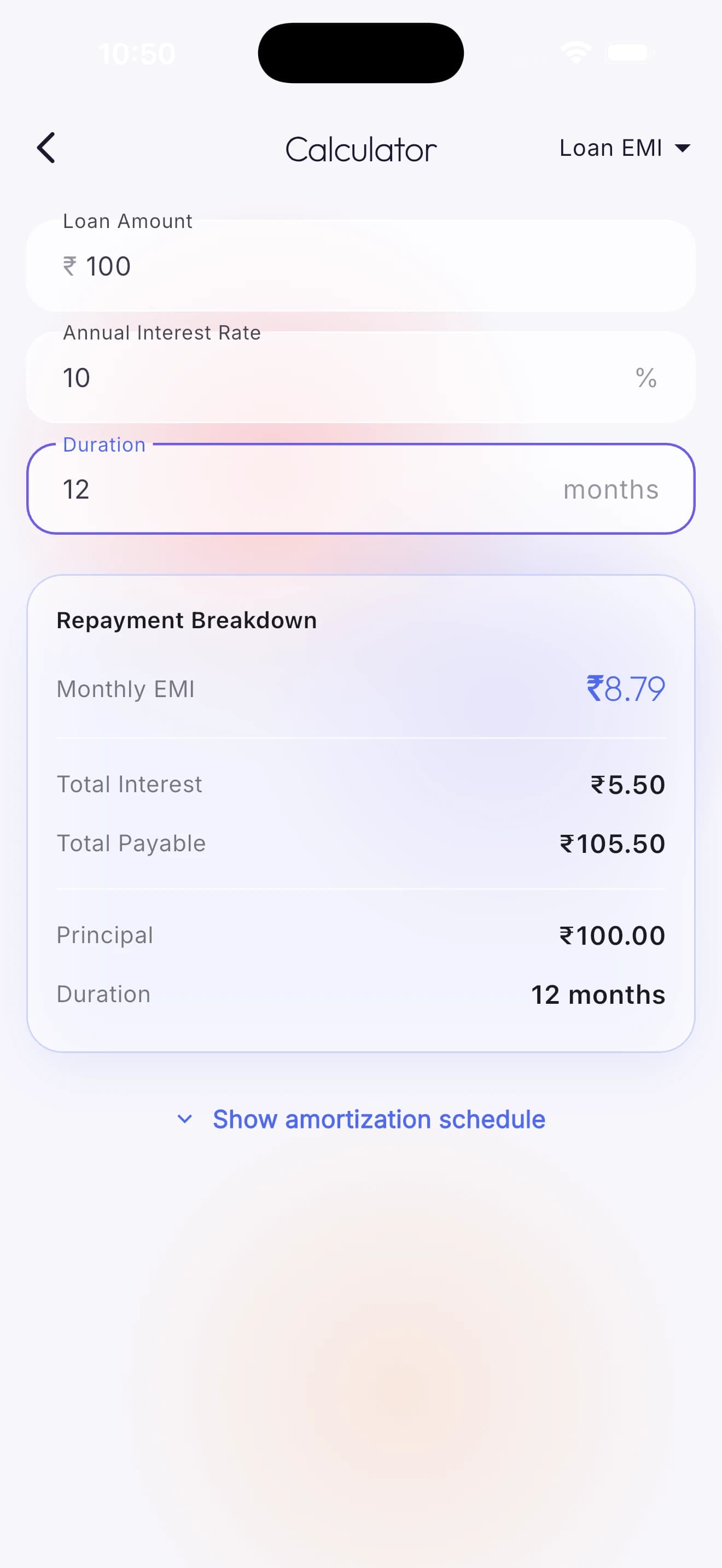 The loan EMI calculator with a repayment breakdown