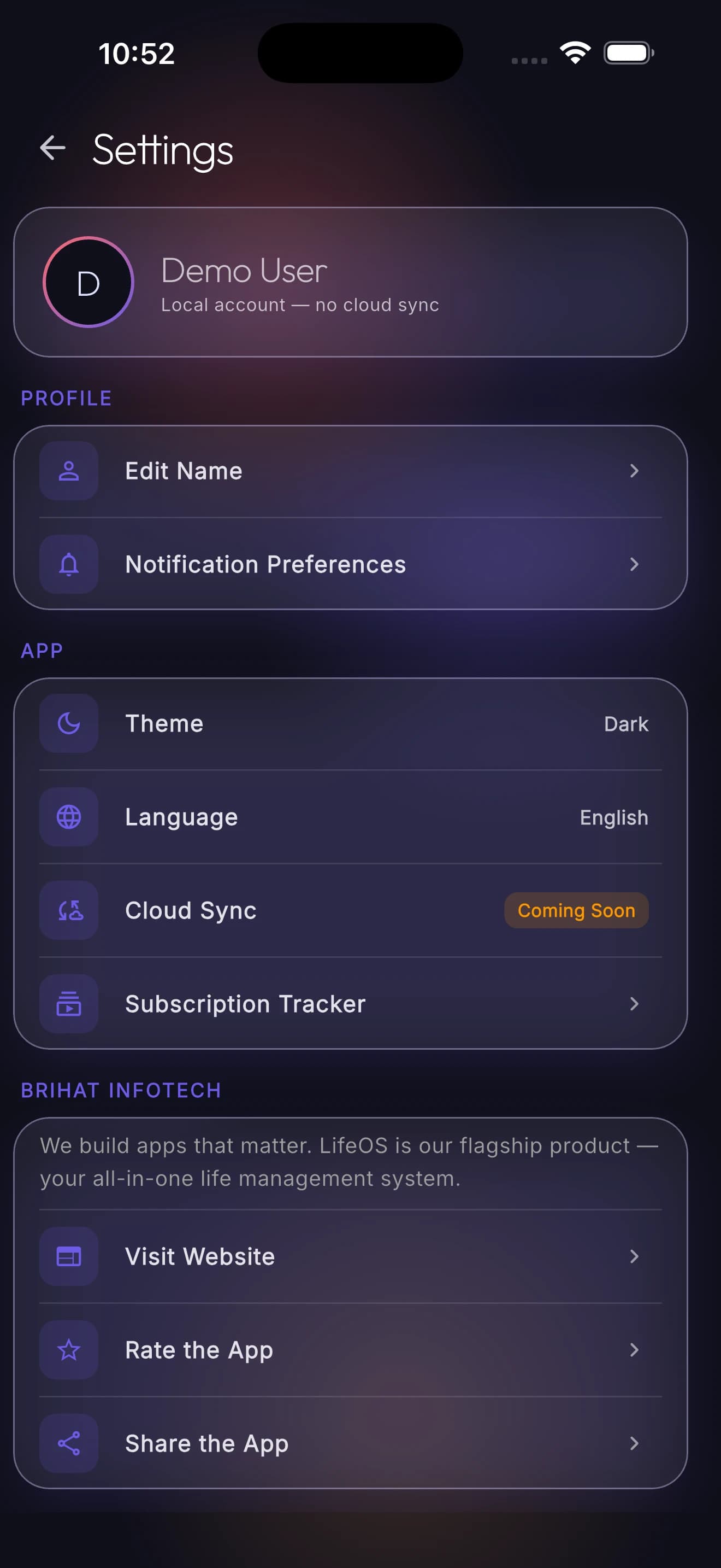 The settings screen in dark mode