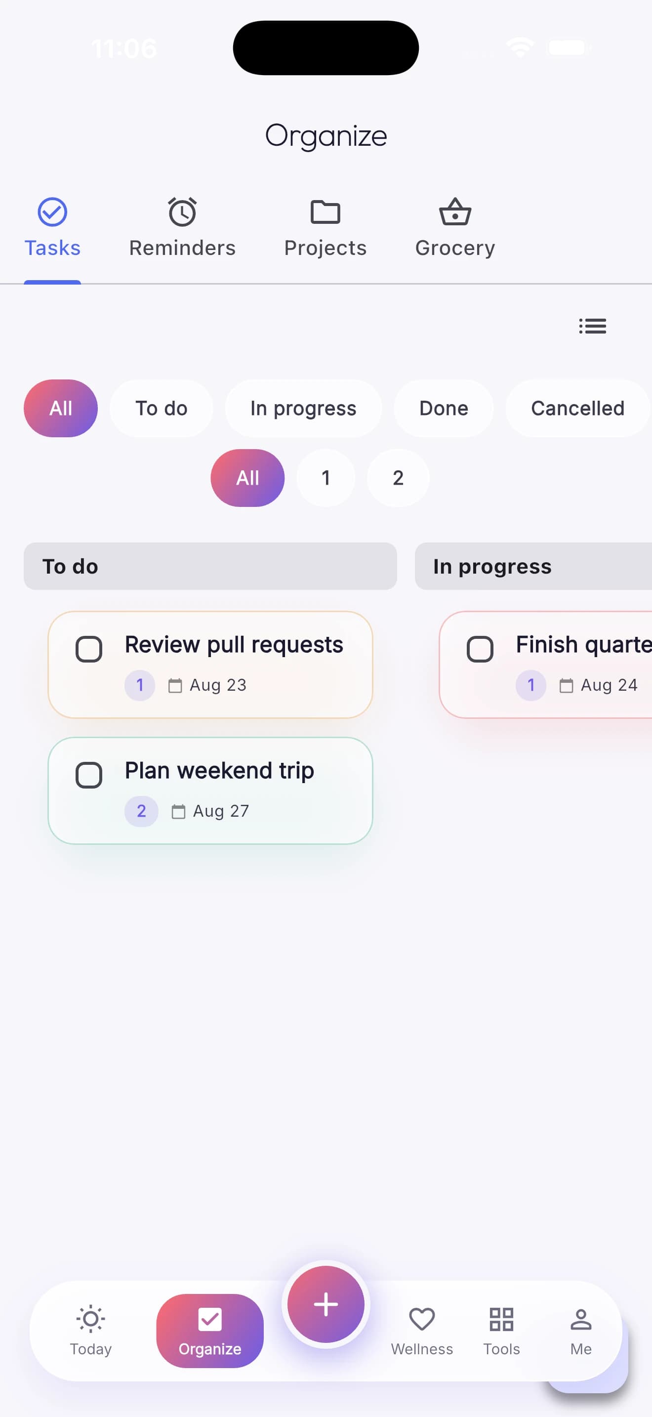 Tasks shown as a Kanban board