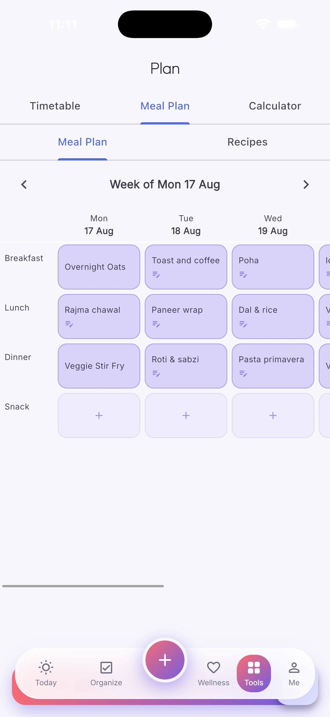 The weekly meal planner grid
