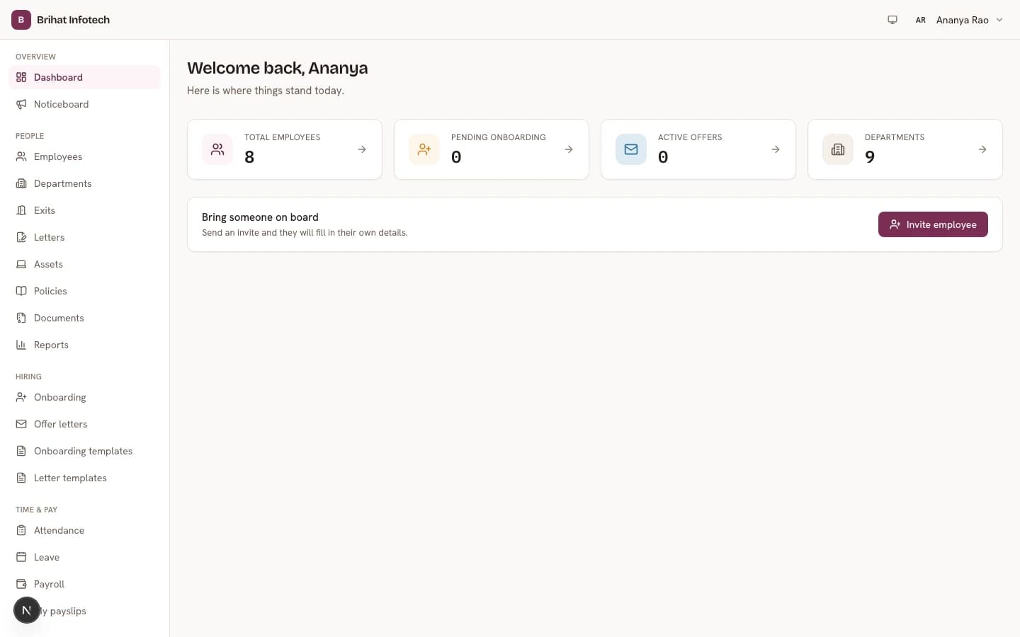 Brihat PeopleDesk — Owner dashboard, shown with fictional demo data