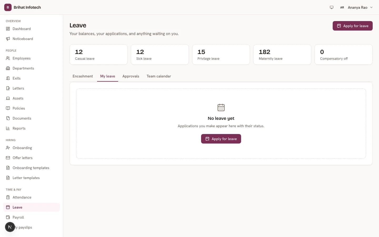 Brihat PeopleDesk — Leave, shown with fictional demo data