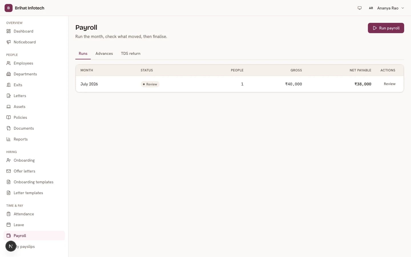 Brihat PeopleDesk — Payroll runs, shown with fictional demo data