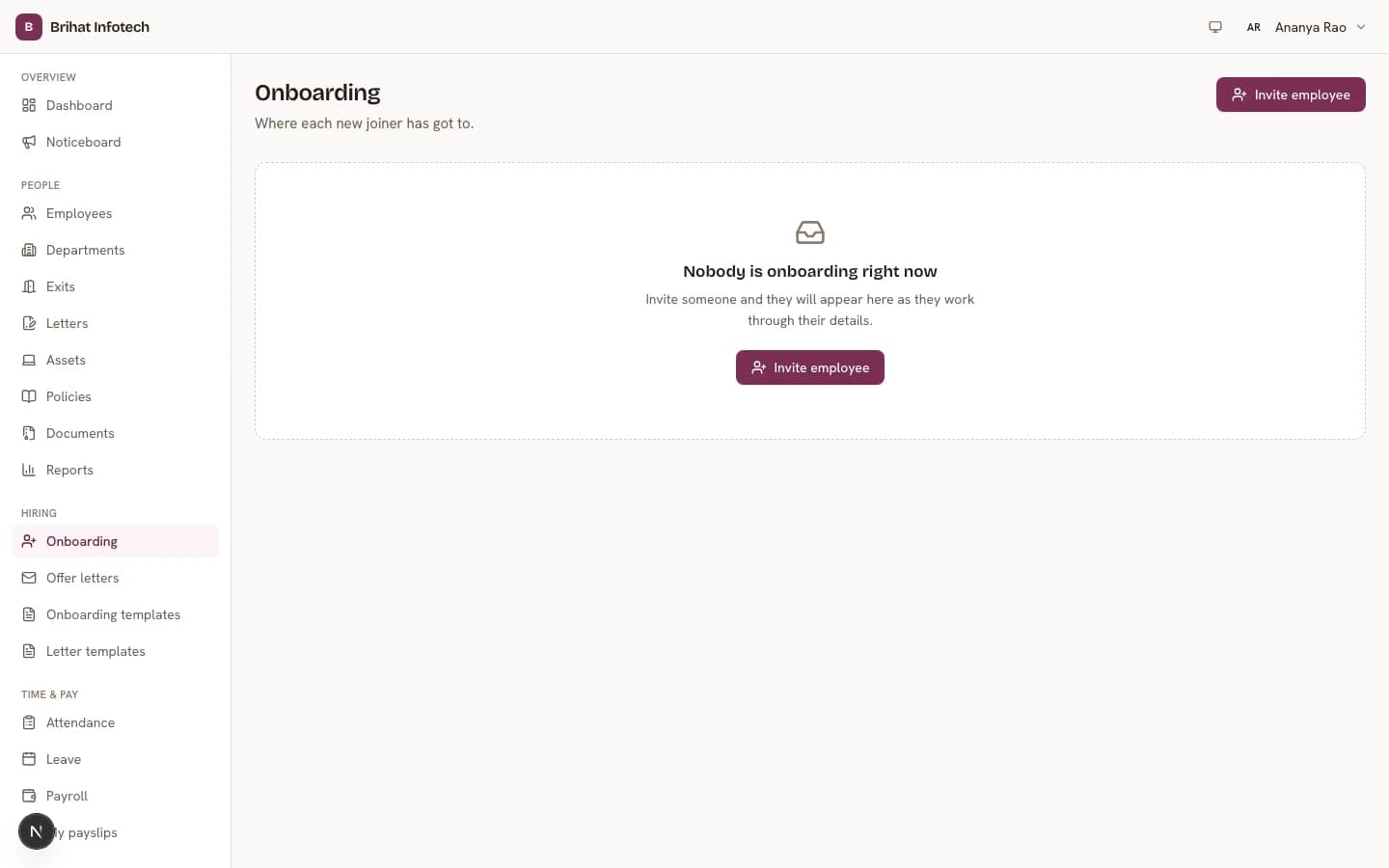 Brihat PeopleDesk — Onboarding pipeline, shown with fictional demo data