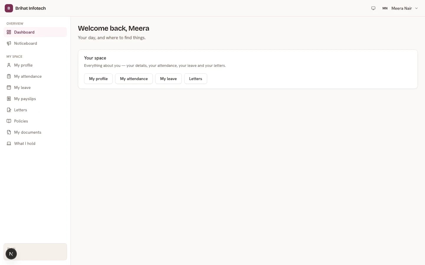 Brihat PeopleDesk — Employee's own dashboard, shown with fictional demo data
