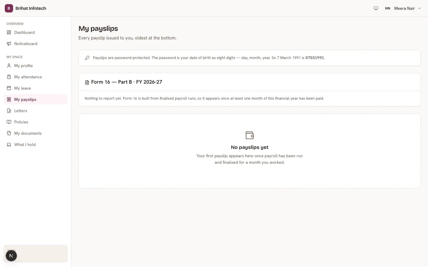 Brihat PeopleDesk — My payslips (employee view), shown with fictional demo data
