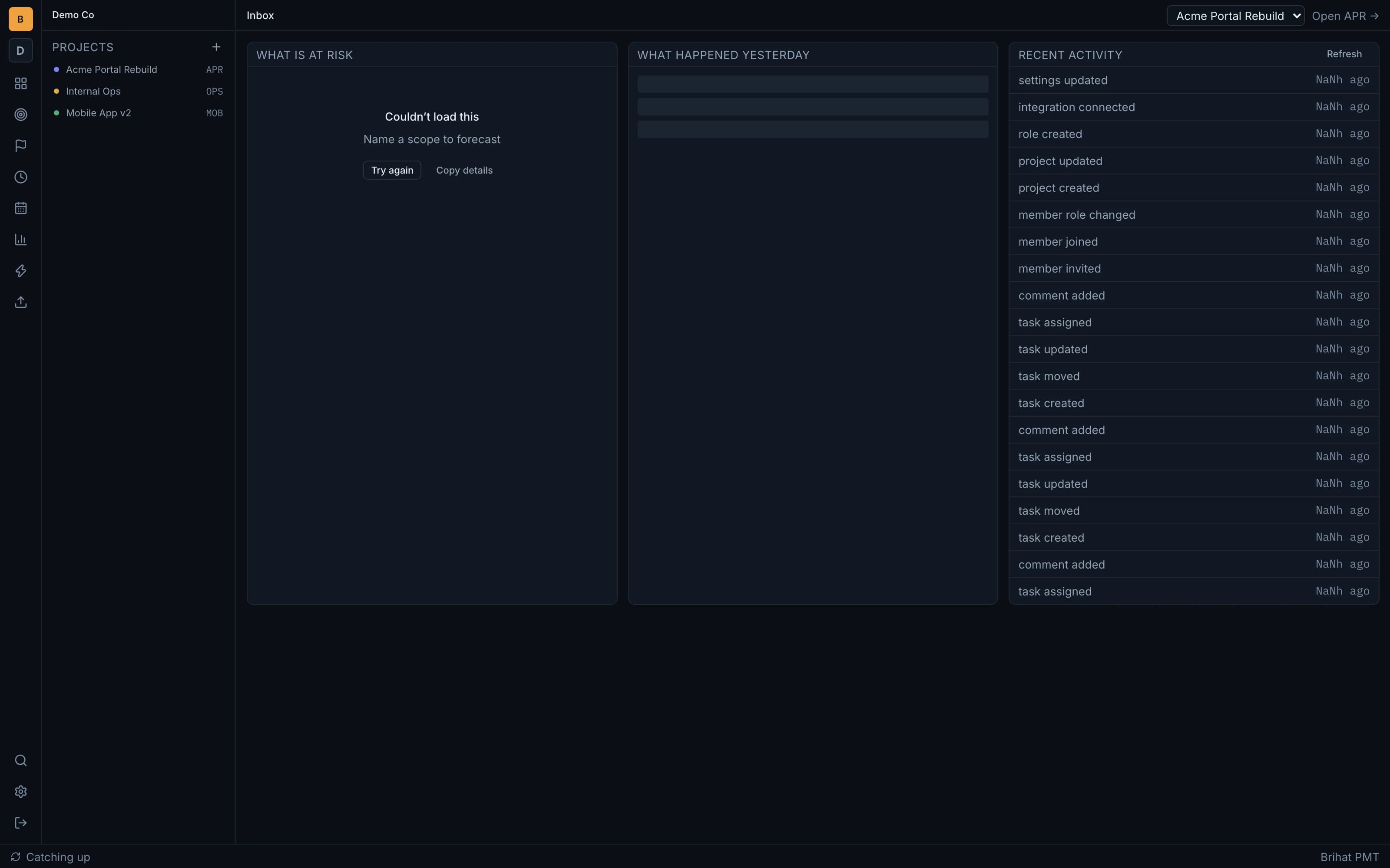 Brihat PMT — Inbox: risks, standup summary and activity, shown with sample data from a fictional demo organisation