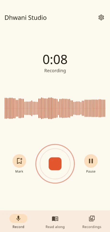 The Record screen mid-recording: an eight-second timer, a live waveform, and Mark, Stop and Pause controls