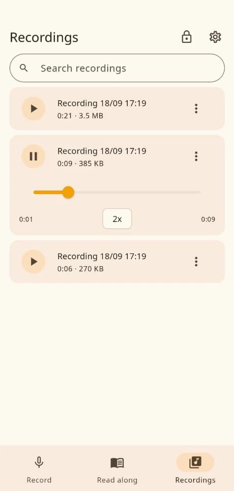 The Recordings library with a search field and three recordings, the middle one playing back at 2×