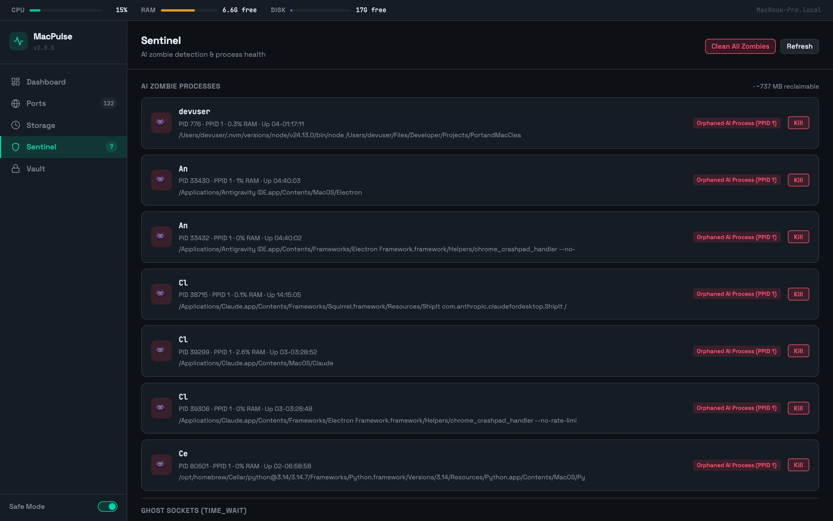 MacPulse — Sentinel — zombie AI processes, shown with placeholder hostnames and usernames