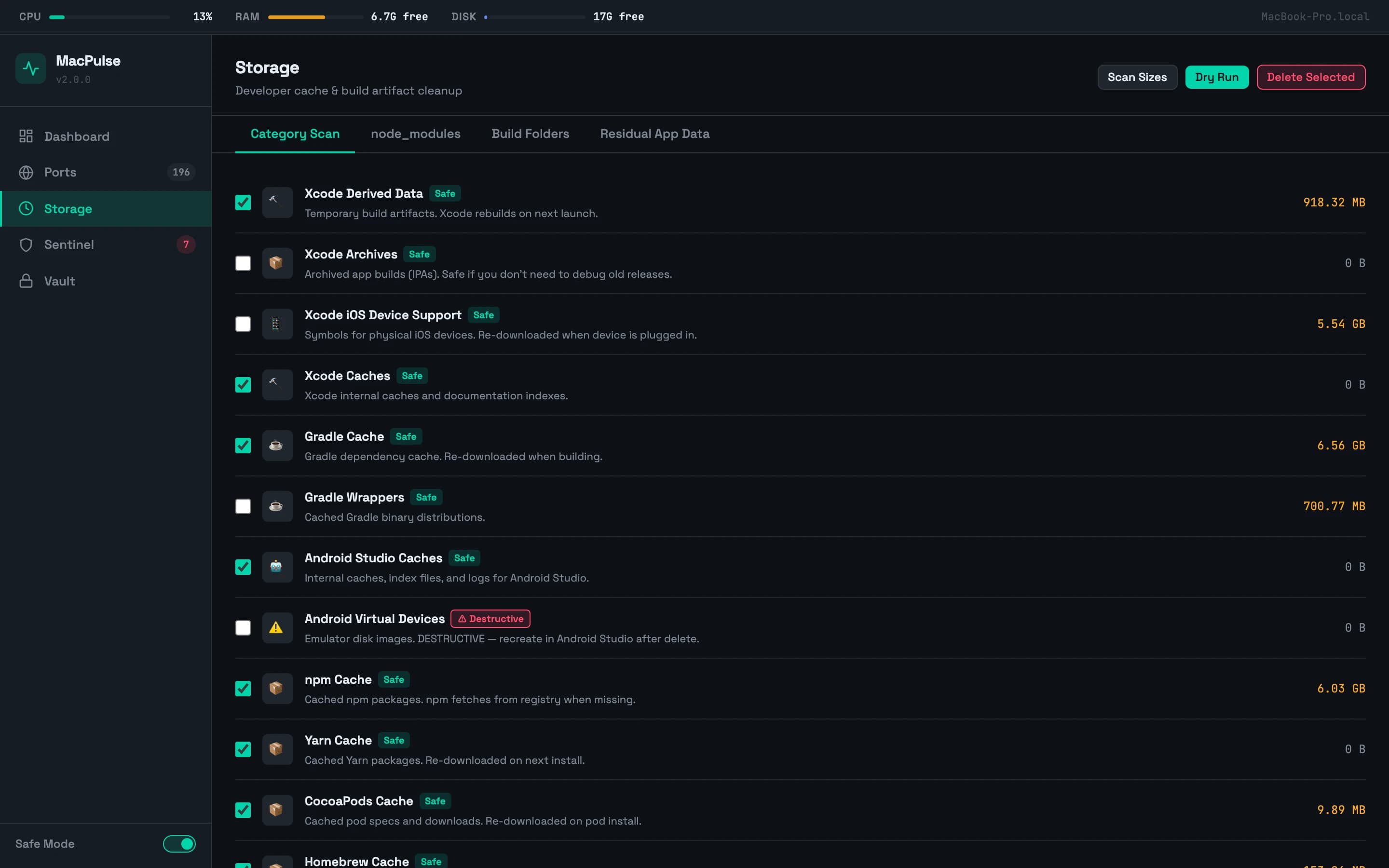 MacPulse — Storage — safe cache cleanup by category, shown with placeholder hostnames and usernames