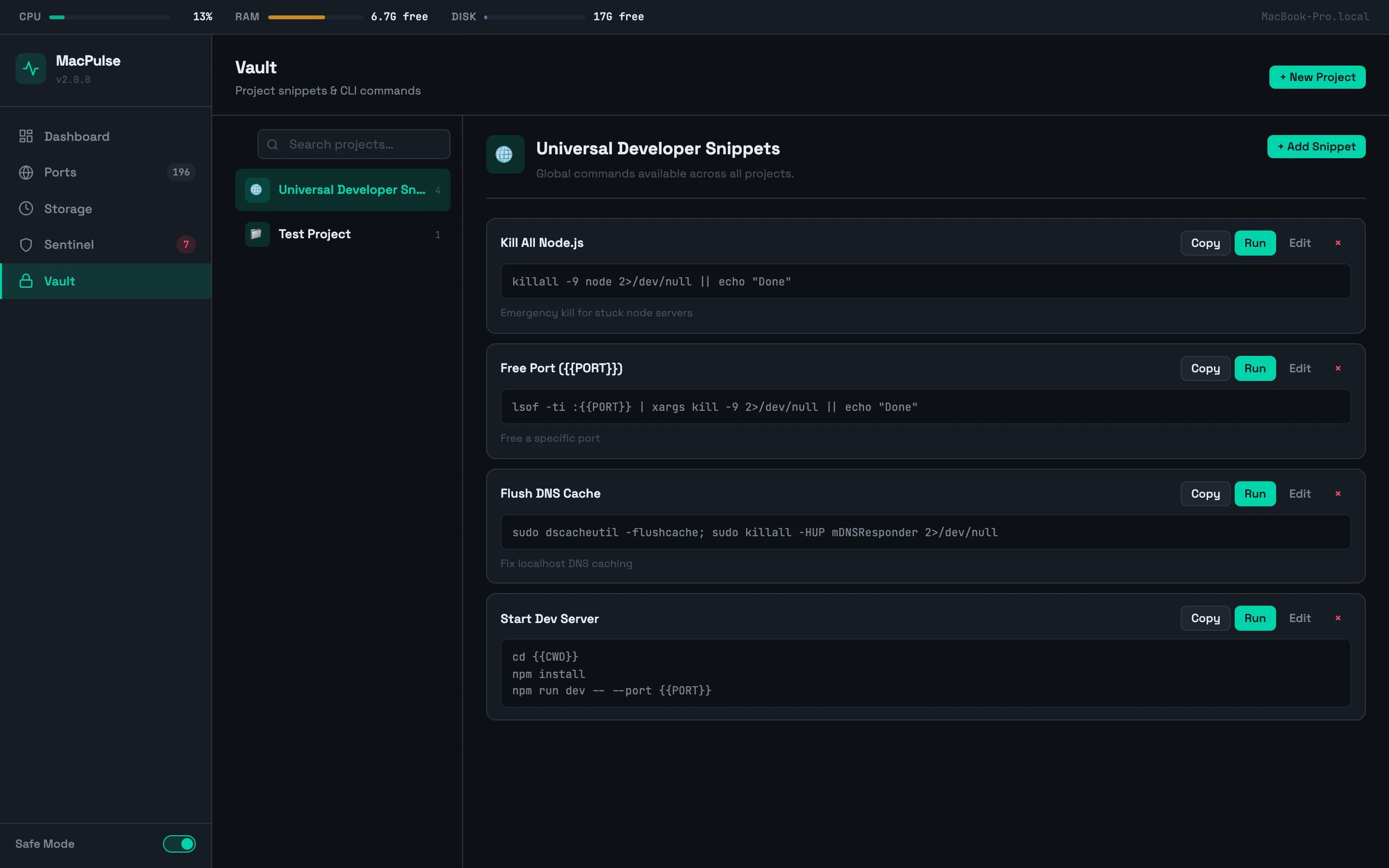 MacPulse — Vault — per-project CLI snippets, shown with placeholder hostnames and usernames