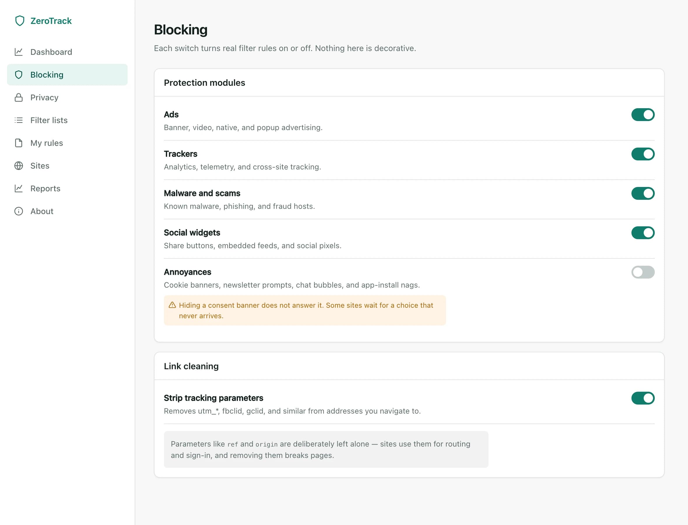 The ZeroTrack blocking settings, with protection modules and the annoyances honesty callout