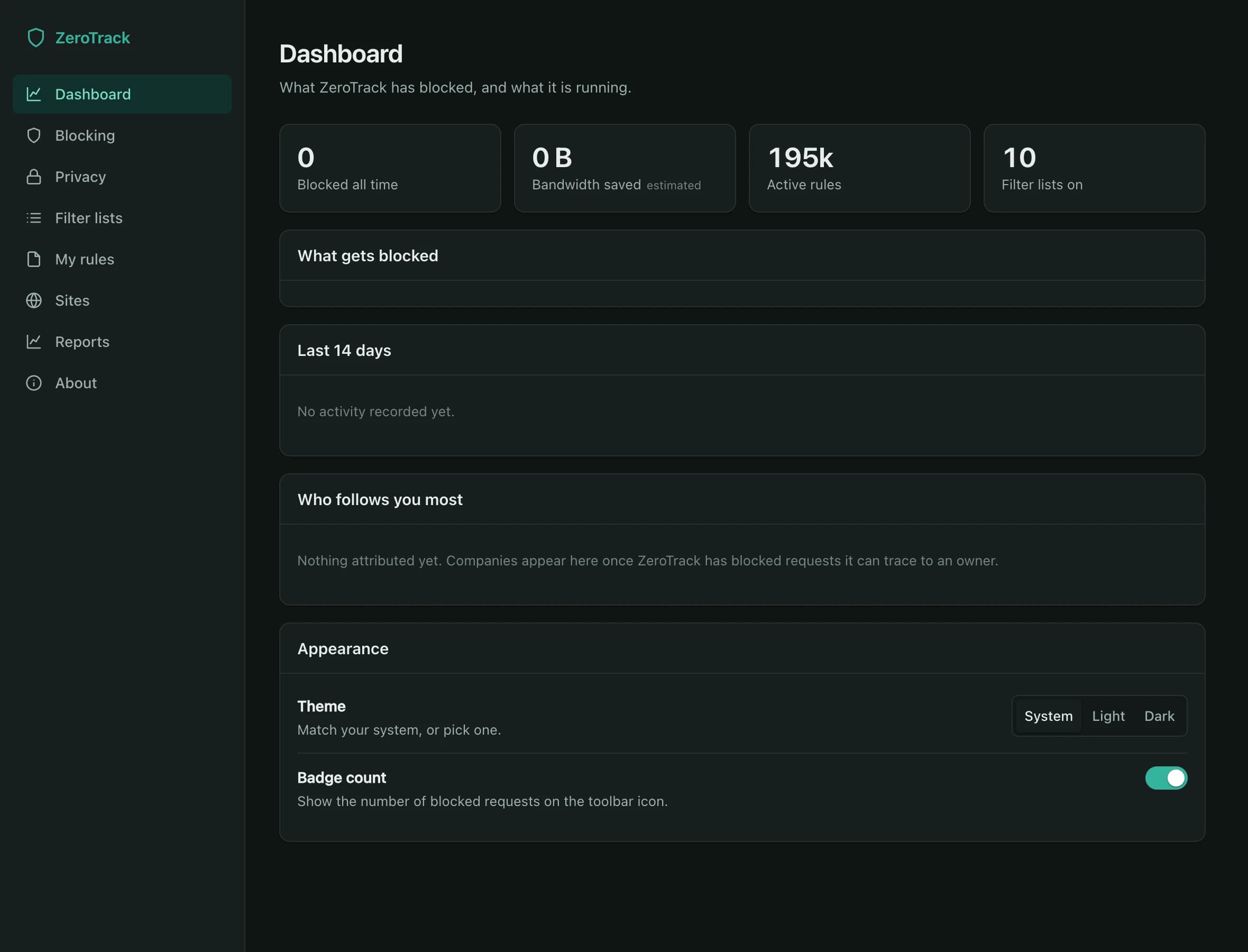 The ZeroTrack dashboard in dark mode