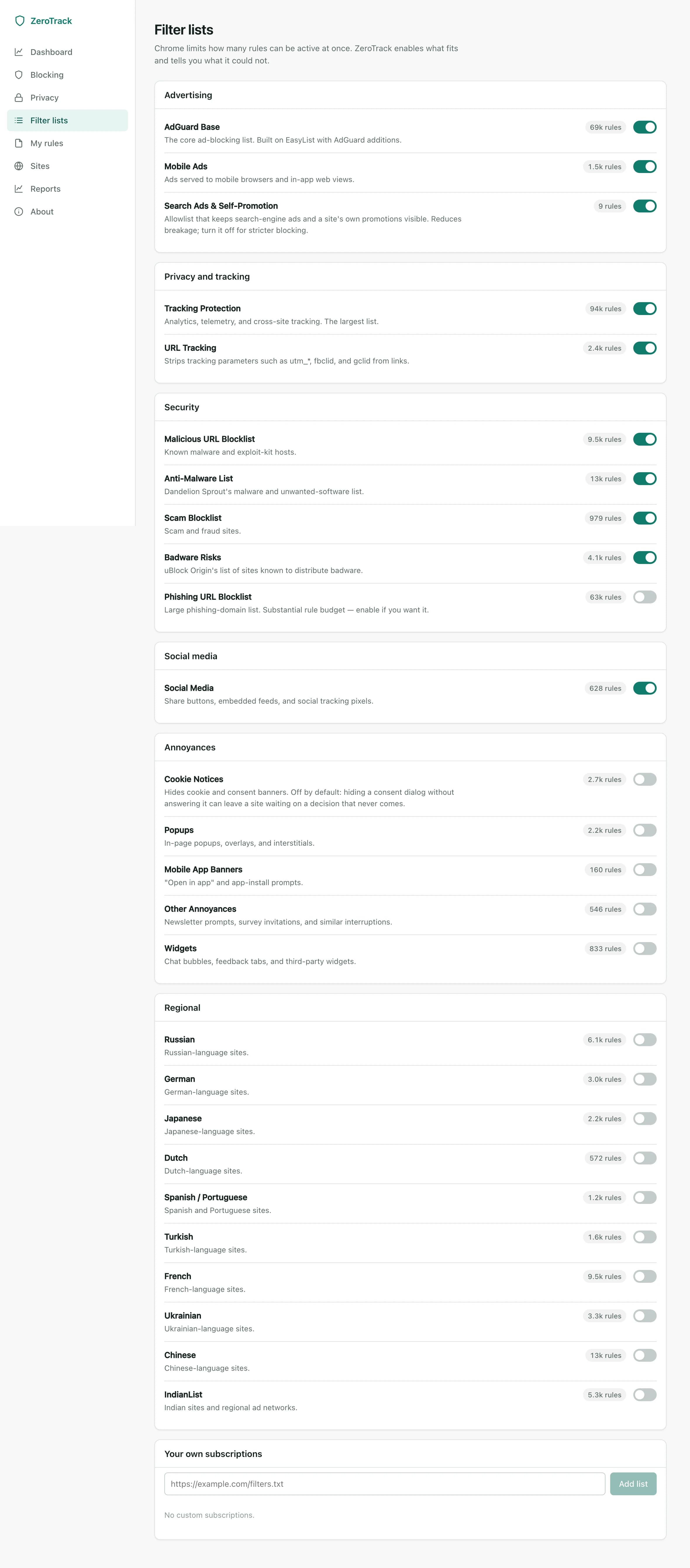 The ZeroTrack filter list manager, showing rule counts across 26 categories