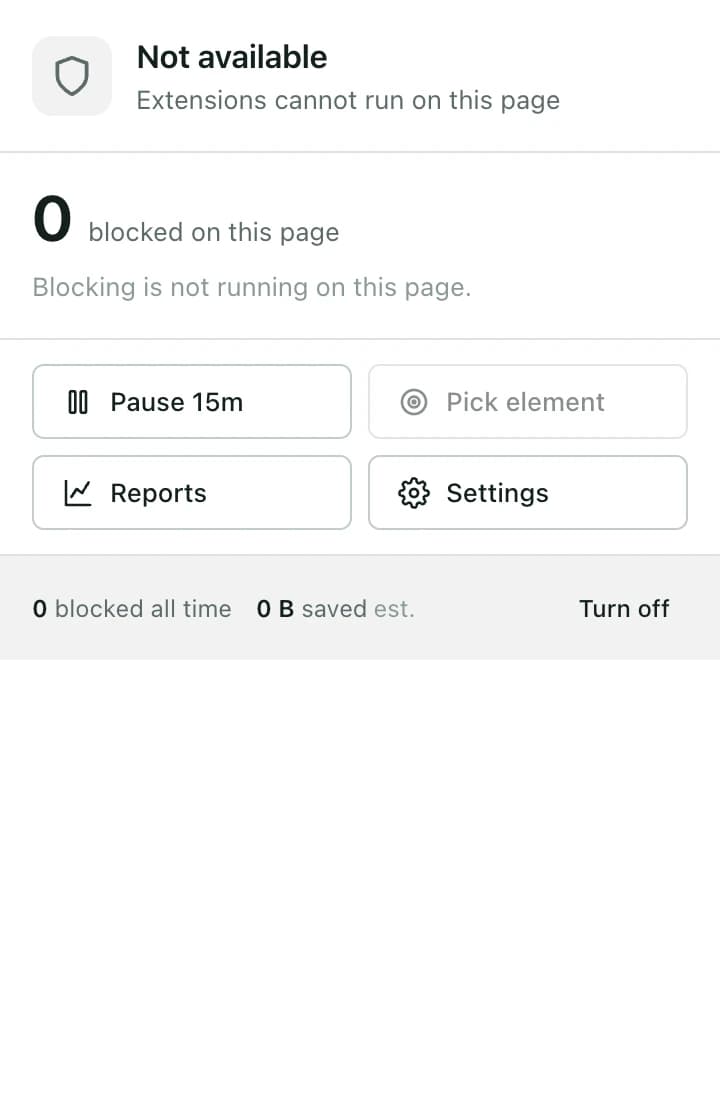 The ZeroTrack browser toolbar popup, showing per-site blocking status and quick actions