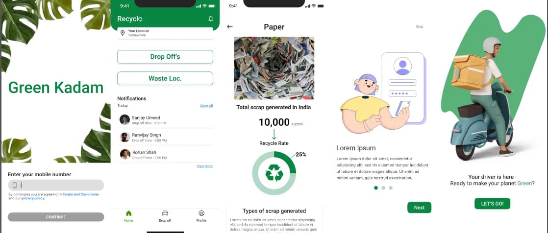 The GreenKadam scrap collection app — drop-off points, recycling figures and driver tracking